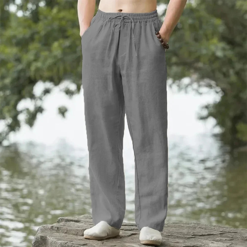 Mens Cotton Linen Pants Male Autumn Breathable Solid Color Linen Trousers Fitness Streetwear Men Gyms Pants Size S-4XL 250408