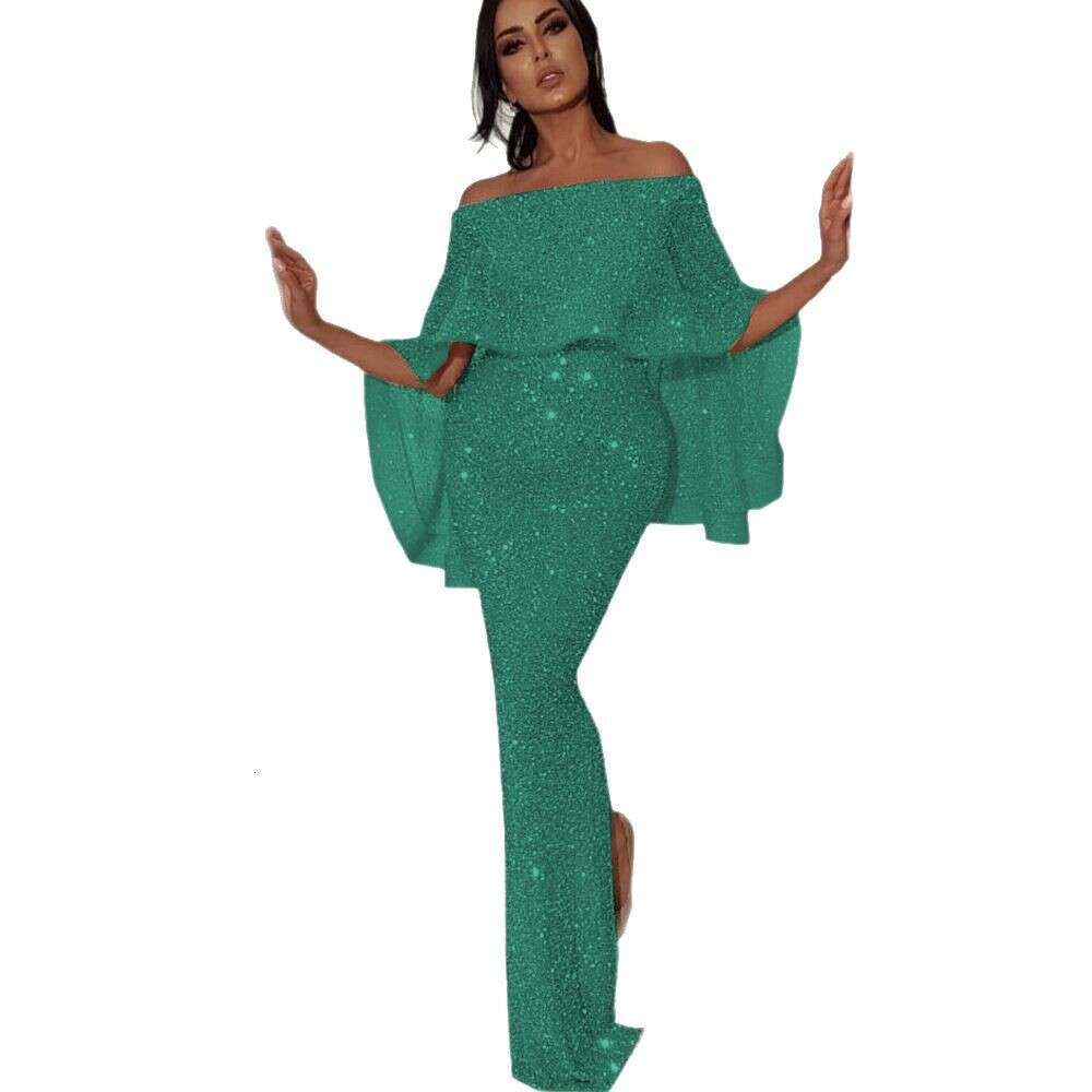 2025 Summer New Ruffled Off-Shoulder One-Piece Dress with Sequins and Slit for Evening Wear