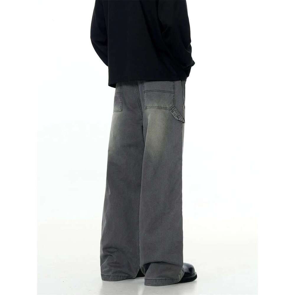 Removable Double Knee Denim Carpenter Pant Mens Retro High Street Straight Wide Leg Washed Distressed Jeans Men