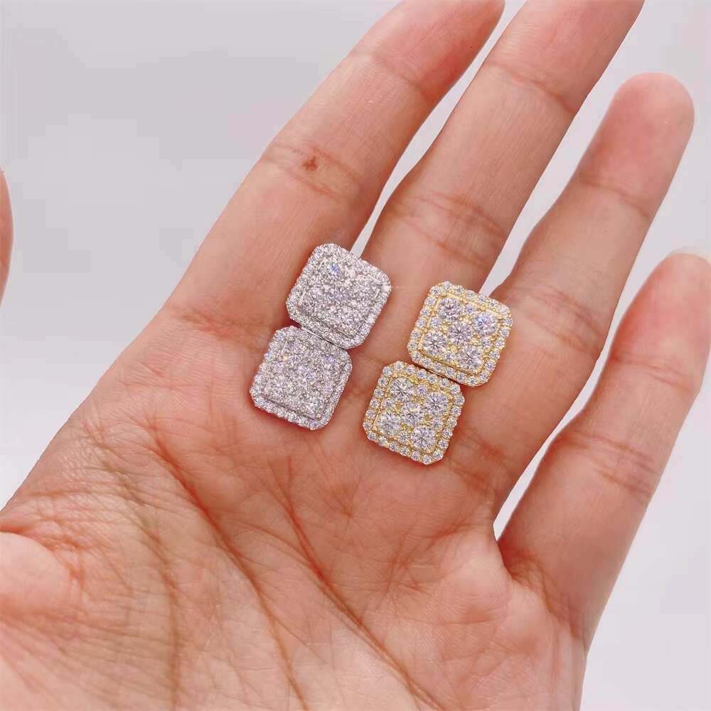 Iced Out Vvs Moissanite Diamonds square Shape 925 Sterling Silver Mens Hip Hop Stud Earrings