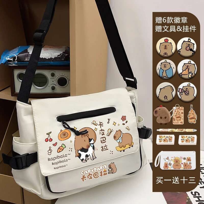 2025 New Capibara Large-Capacity Cartoon Printed Shoulder Fashion School Canvas Messenger Bag For Young Students