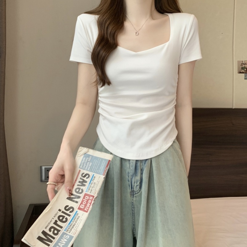 2025S Designer Women S T Shirt Square Collar Shoulder Sleeved T Shirt For Women In Summer New Style With Waist Cinching Slim Fit Short Style Student P