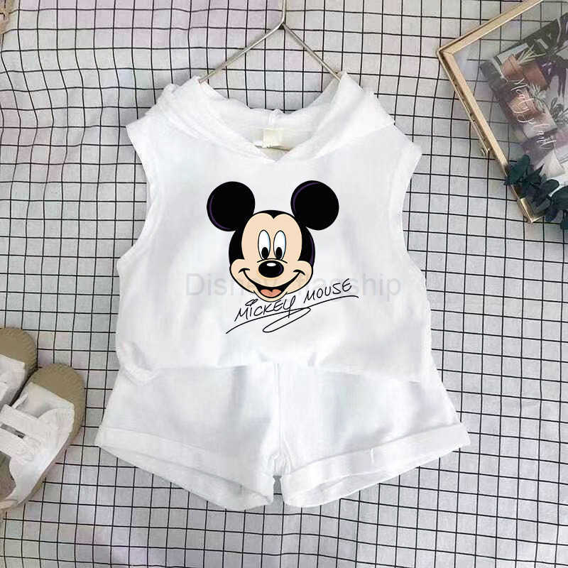 Disney Childrens set girls shorts two-piece set boys hooded vest babys summer clothes childrens clothing Korean version childrens clothingXJ250409