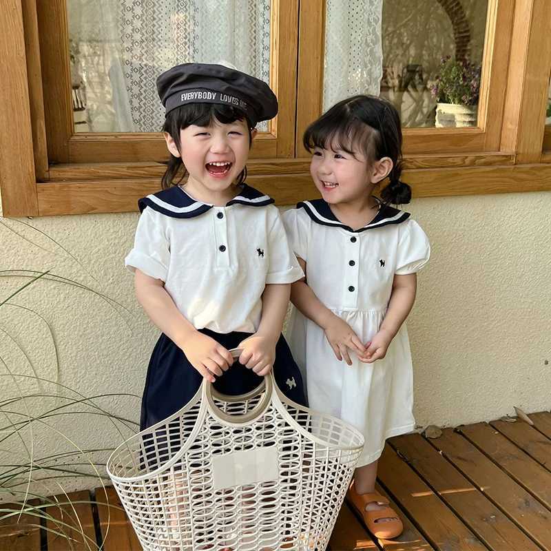 Brothers sisters summer navy boys dress suit short sleeved girls dress family matching suit S2548