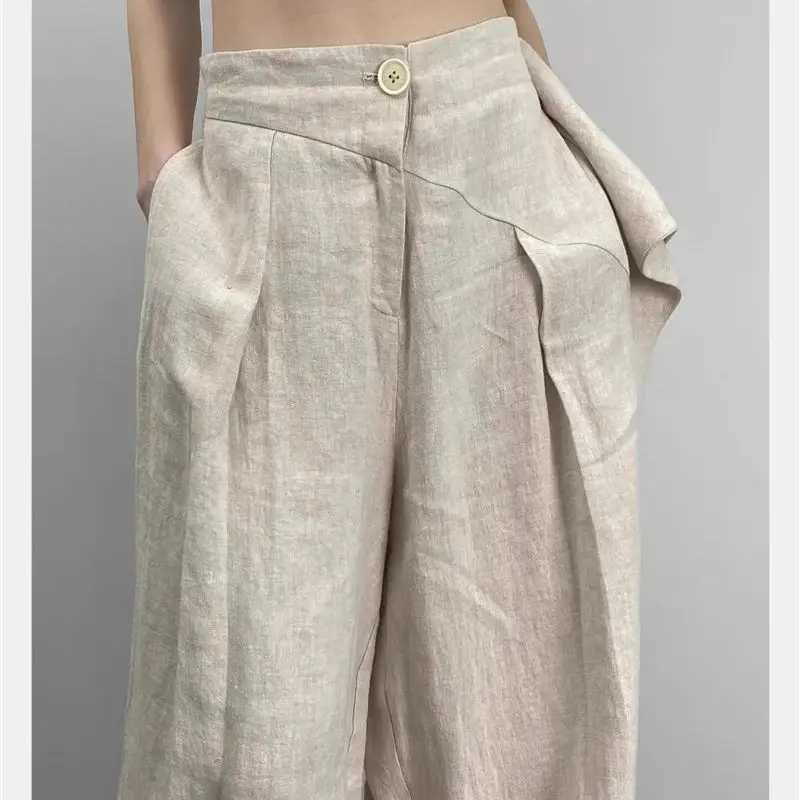 Limiguyue Japanese Cotton Linen Wide Leg Pants Womens Irregular Waist Summer Pants One Button Loose Folded Full Set F157XJ250403