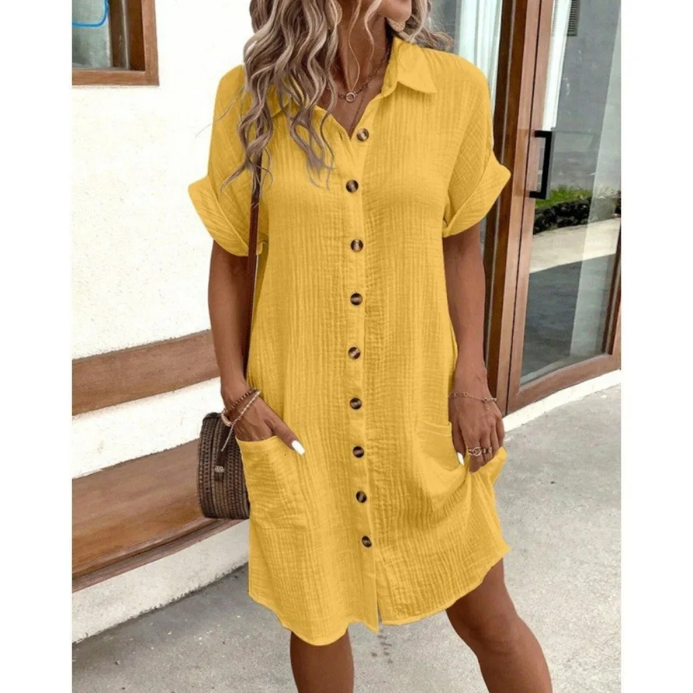 Simple Vneck button cotton and linen dress for womens summer shirt 250409