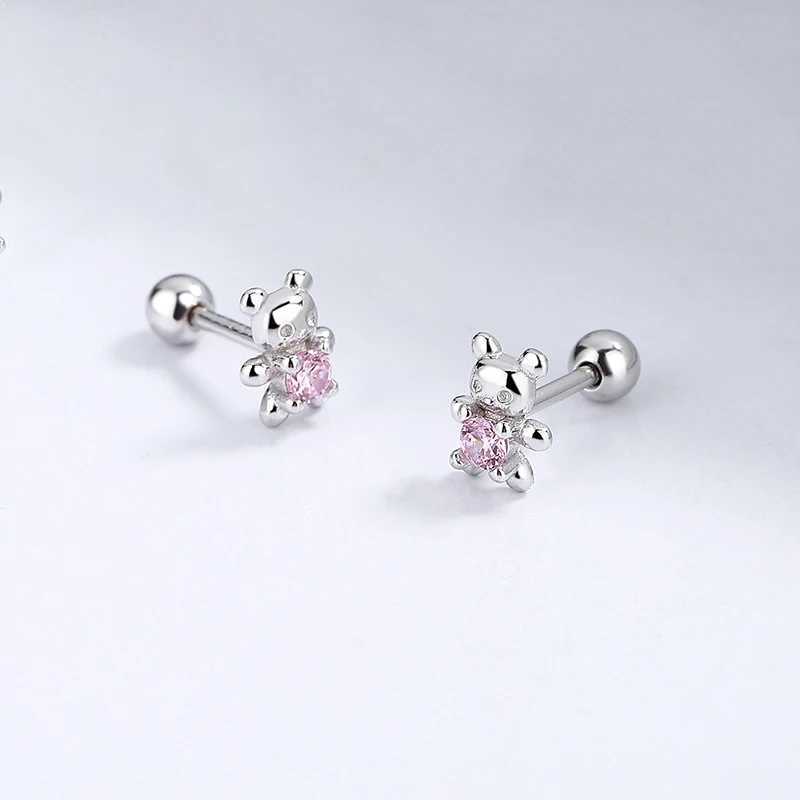 INZATT Real 925 Sterling Silver Zircon Bear Piercing Screw Ball Stud Earrings for Women Cute Animal Fine Jewelry Accessories Z250408