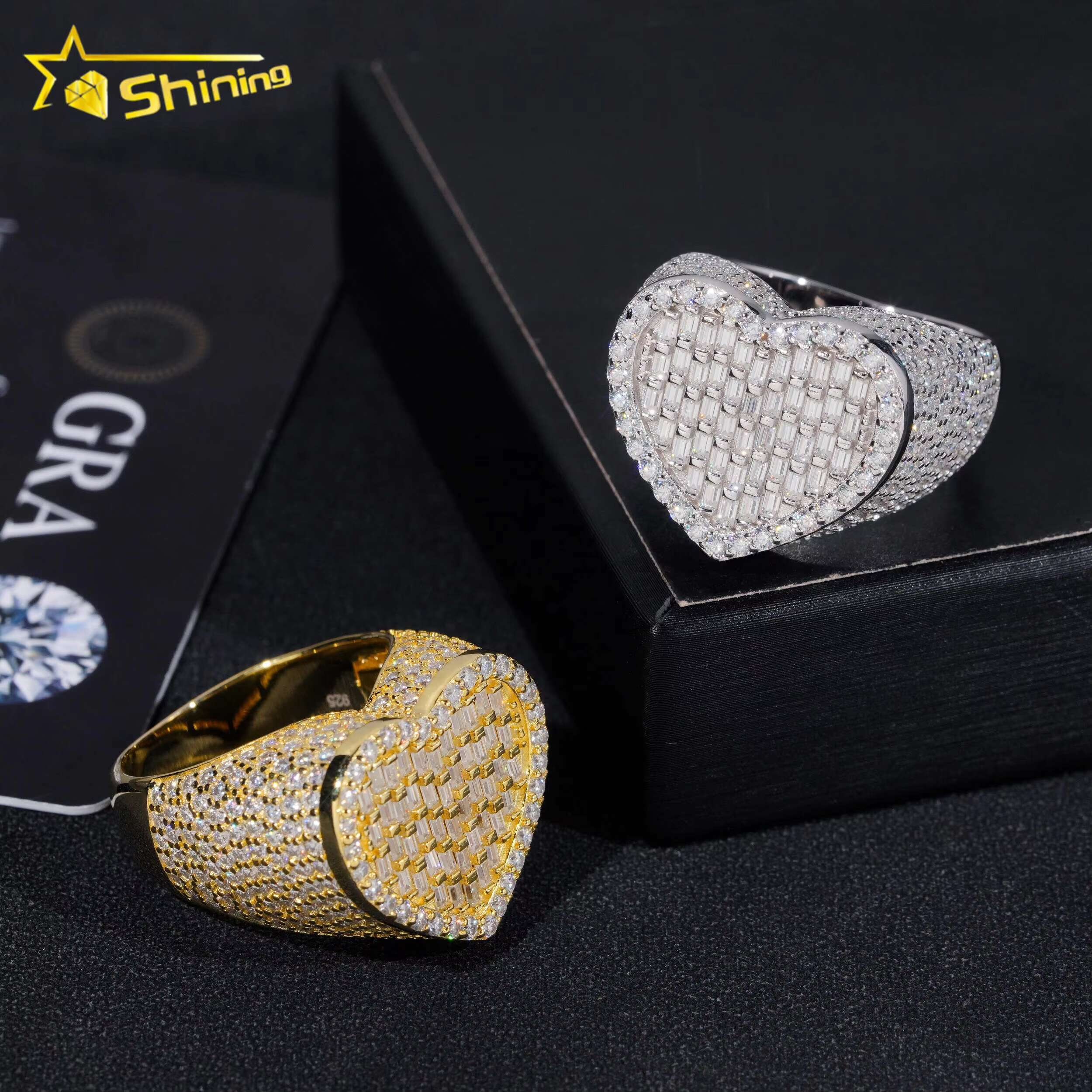 Hip Hop Jewelry Luxury Baguette Diamond Heart Iced Out Moissanite 925 Sterling Silver Ring for Men