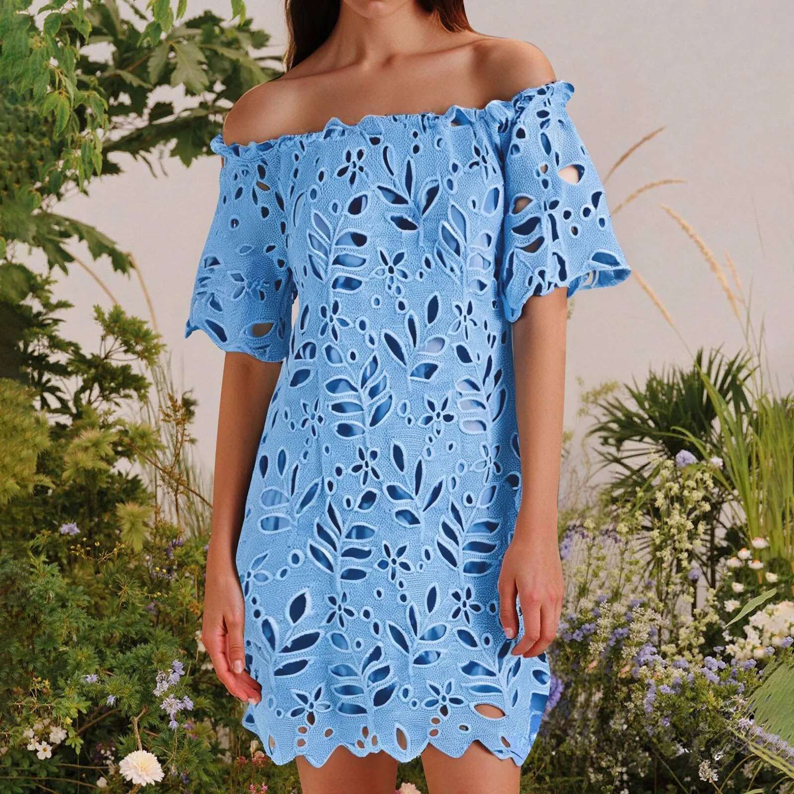 Dongdumaoyi Elegant Women Summer Solid Color Off Shoulder Dress Hollow Out Design Lace Decor See Through Slash Neck Short Sleeve Mini
