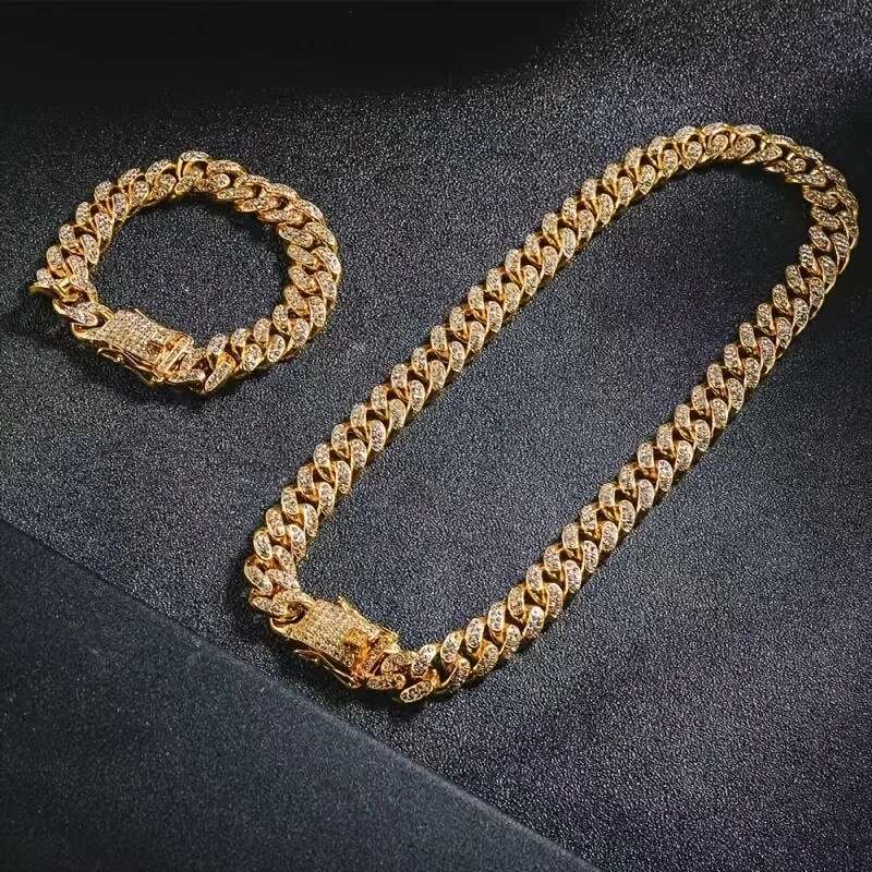 Rose Iced Out Rhinestones Cuban Chain Necklace For Men Women Bling Crystal Prong Cuban Link Choker Necklace Jewelry Gift