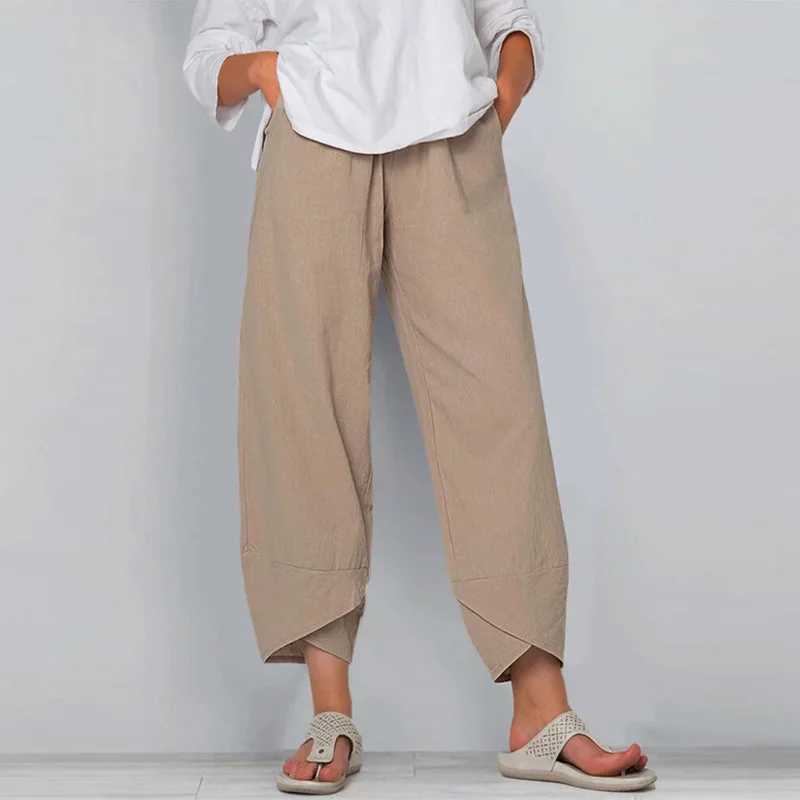 Retro printed womens pants fashionable irregular casual high waist elastic waist straight loose Trouser summer womens cargo pantsXJ250403