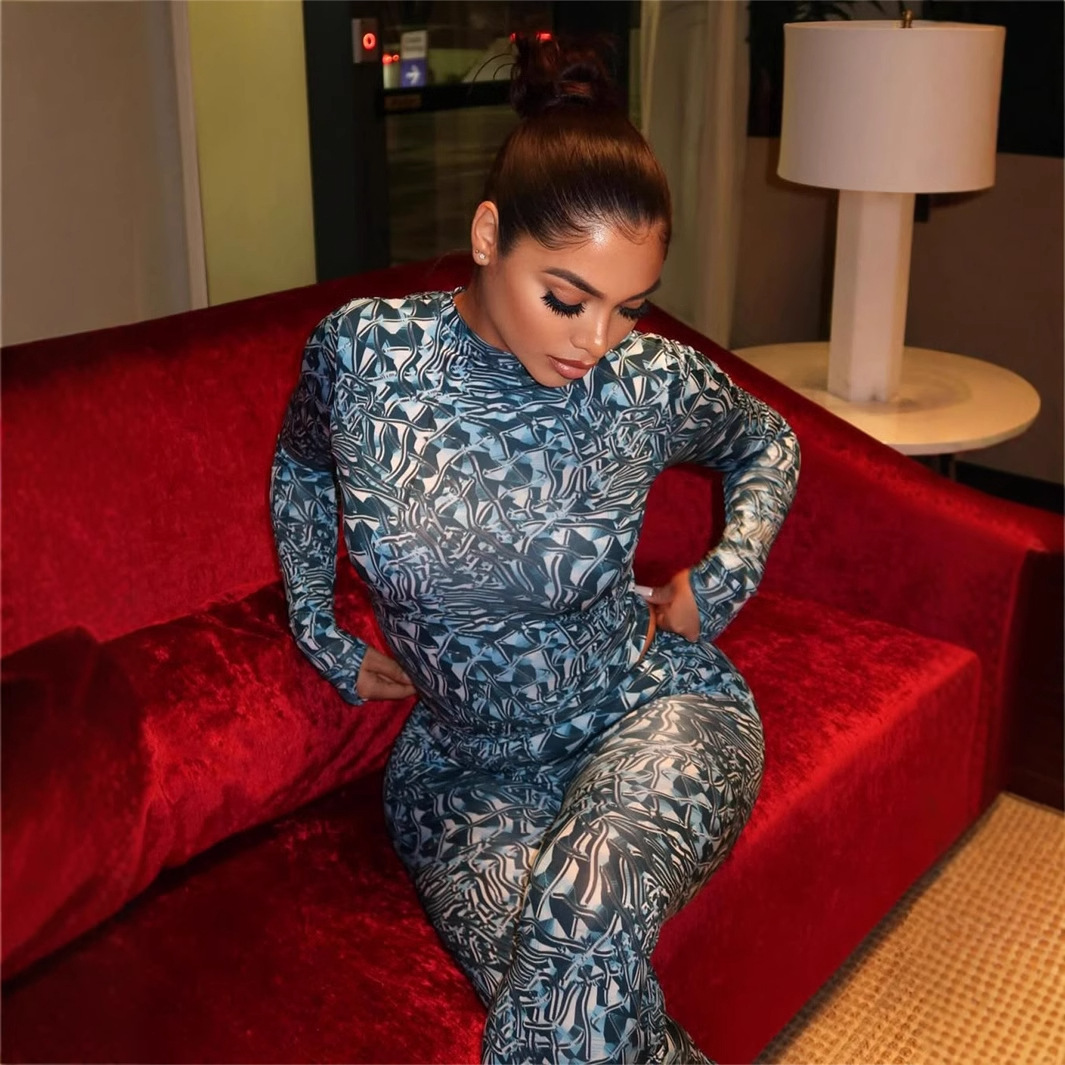 2025S Designer Women S Set New Elastic Trendy Fashionable Versatile Printed Slim Fit Sexy Long Sleeved Top And Pants Set