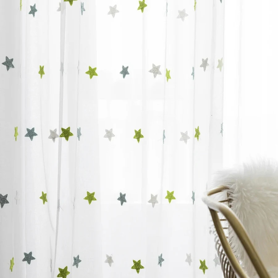Green grid towel embroidered star shaped window screen suitable for living room childrens cartoon curtains balcony bedroom transparent curtains 250409