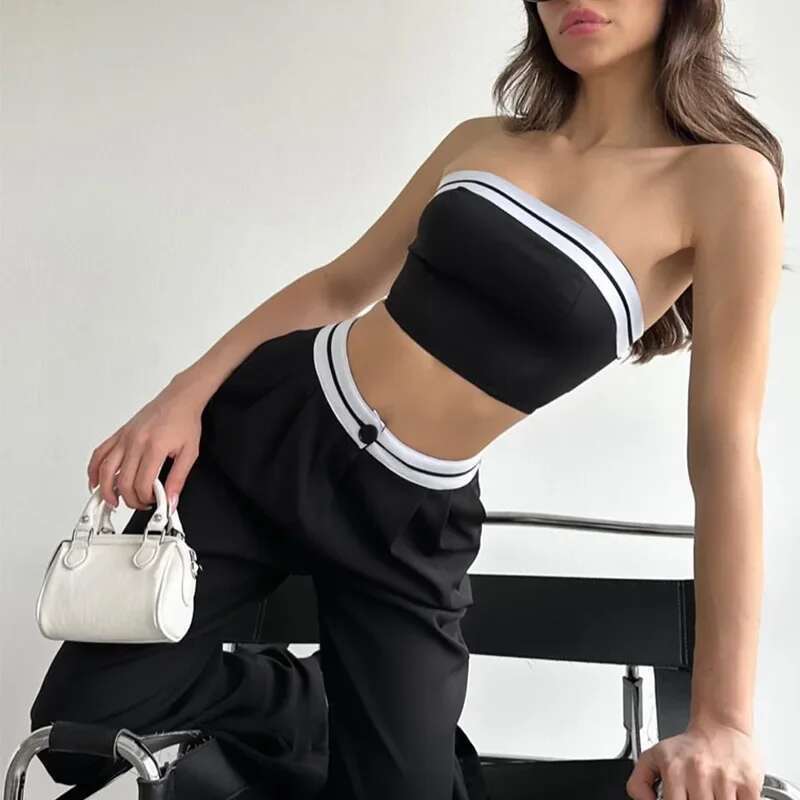 Spring/Autumn New Spicy Girl Outerwear Sports Tank Top, Strapless, Contrasting Color, High Waist, Wide Leg Pants, Casual Suit