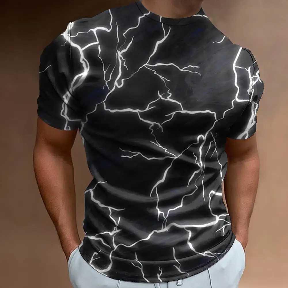 Lightning pattern printed mens short sleeved T-shirt fashionable mens street casual mens loose oversized T-shirt 2024XJ250409