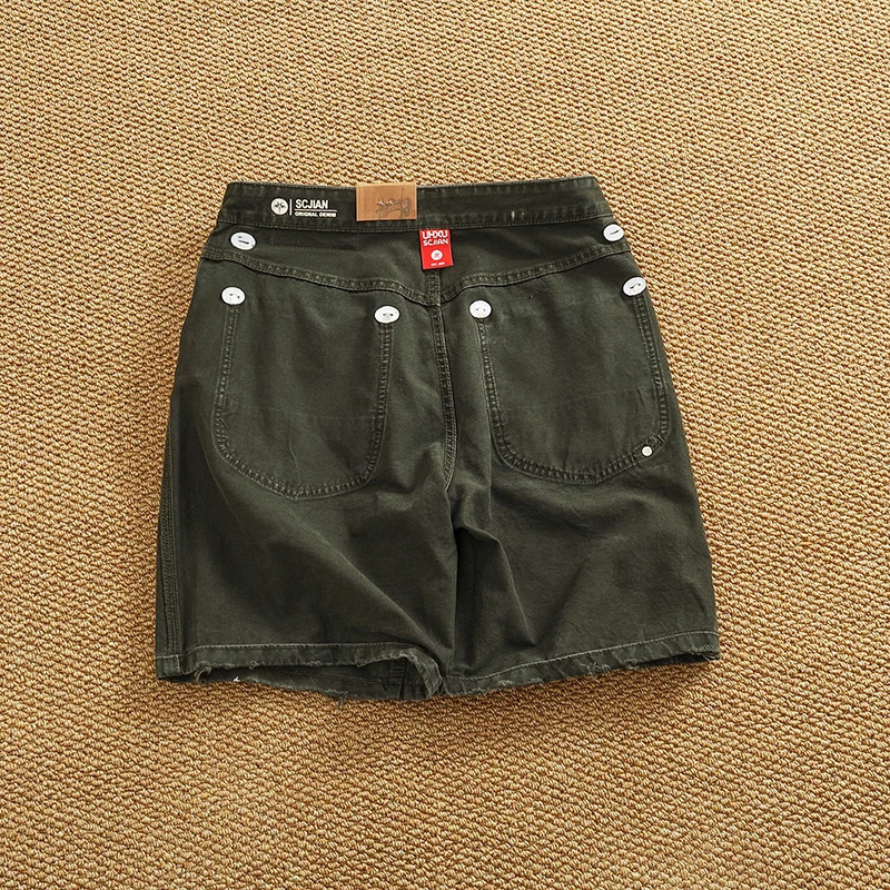 American Retro Cowboy Cargo Shorts for Men in Summer 100% Cotton Washed Used Spray Painted Straight Casual 4point Pants 250409