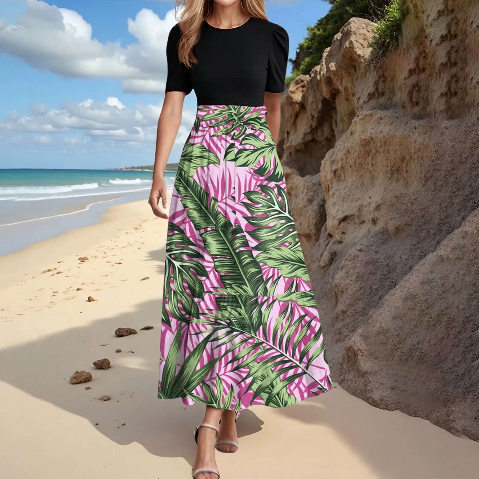 Dongdumaoyi Green Leaf Printed Short Dress For Women O Neck Sleeve Swing Sundress Bohemian Style Summer Beachwear Lady Robe