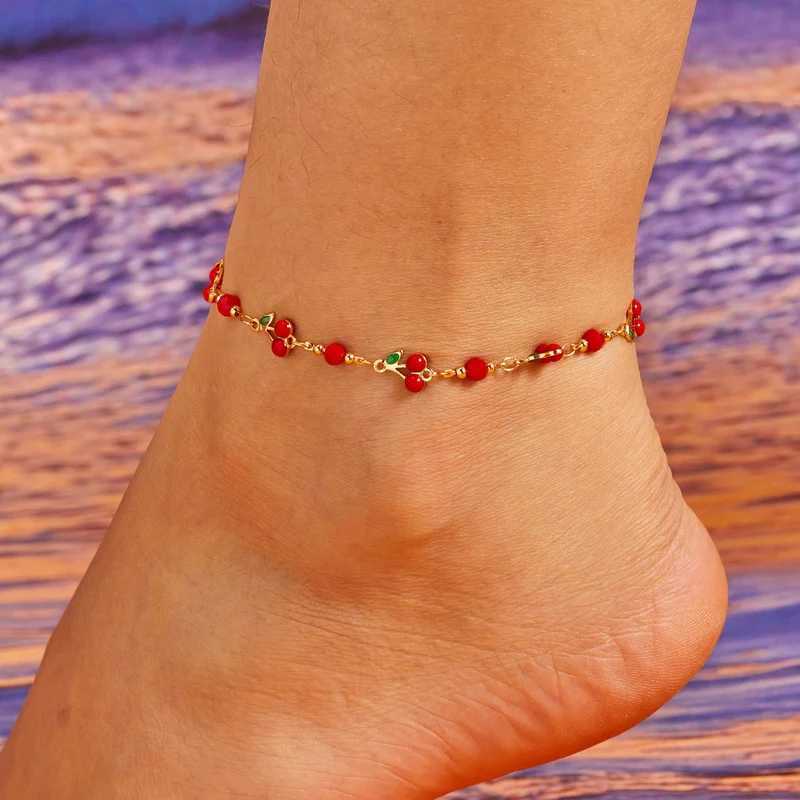 Charm Red Cherry Anklets for Women Vintage Boho Zircon Love Heart Flower Foot Leg Ankle Chain Girls Beach Party Jewelry Gifts Z250408