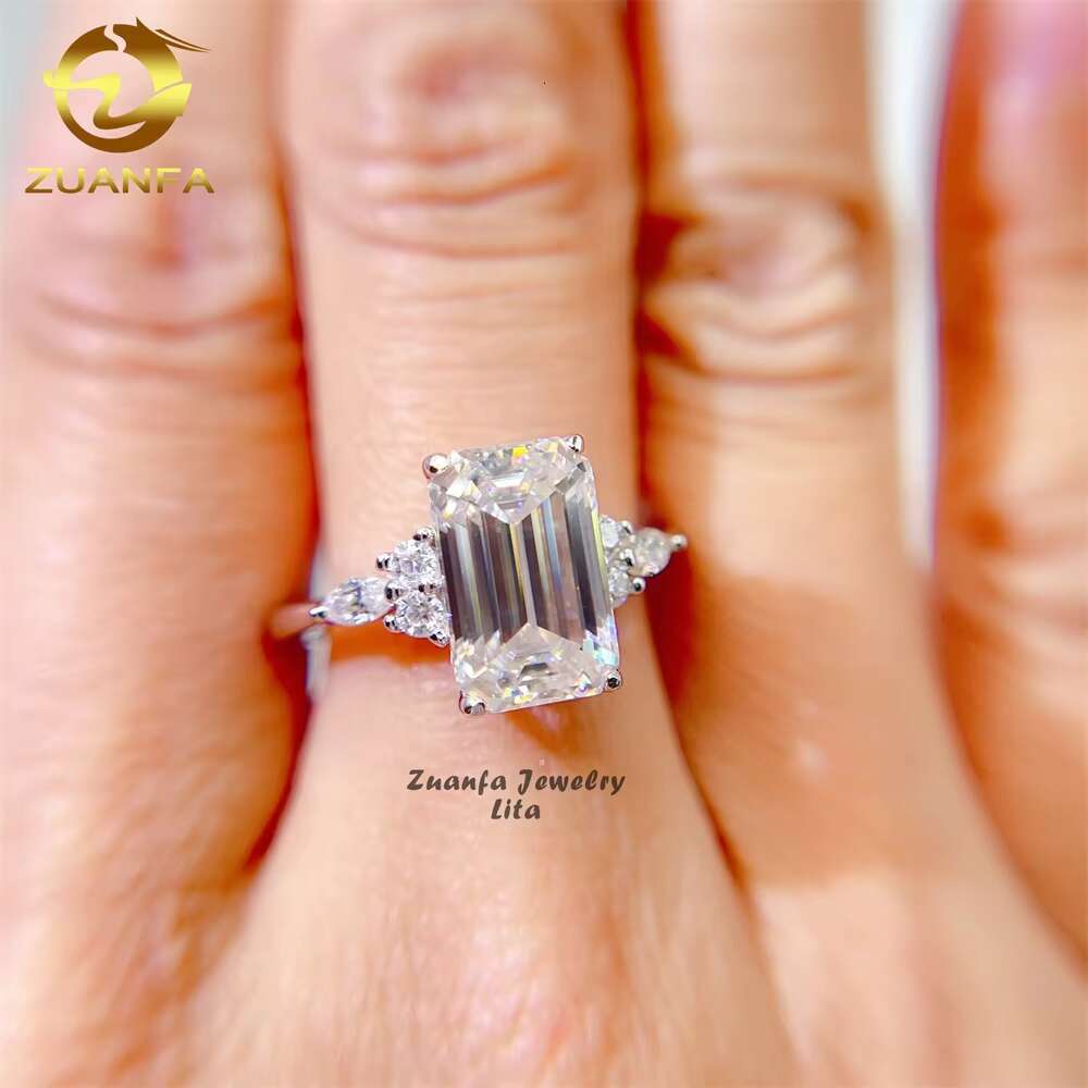 Wholesale Price Top Quality D VVS Diamond 925 Silver Emerald Cut 7*11mm Engagement Wedding Moissanite Ring