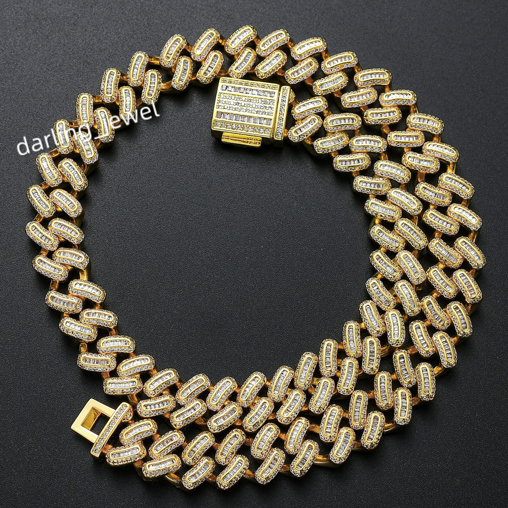 15mm Hot Wholesale Custom 14k Gold Men Women Hiphop Vvs Moissanite Iced Out baguette Cz Diamond Miami Cuban Link Chains Necklace