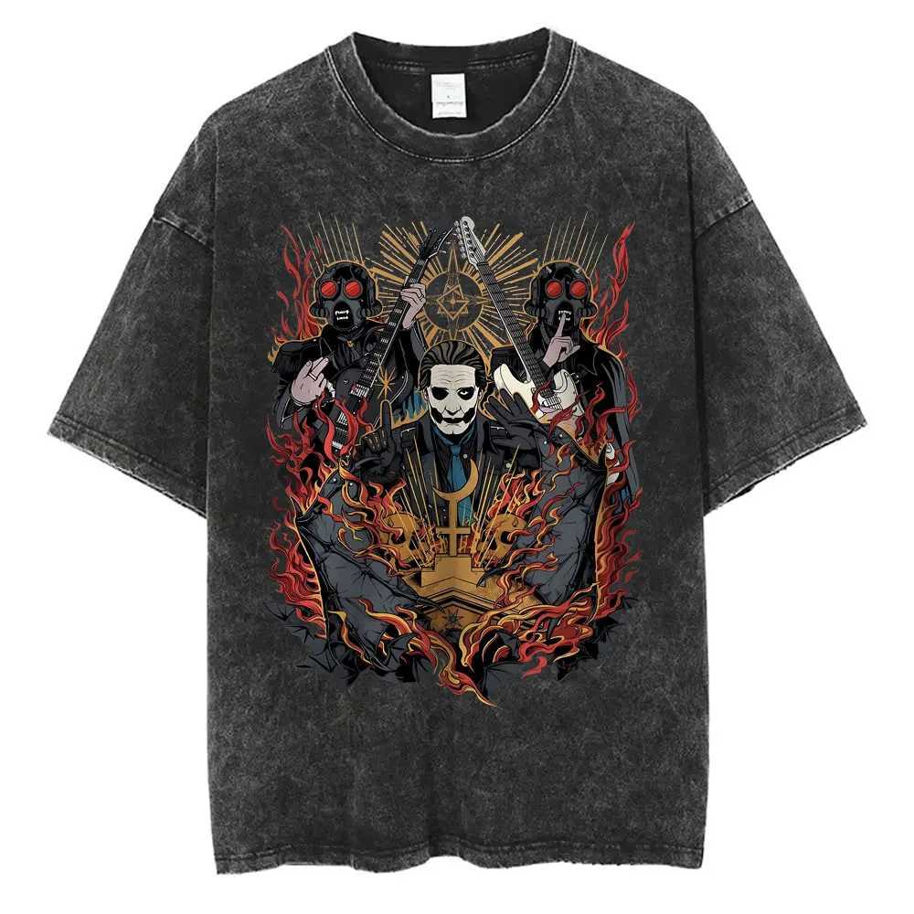 Washed Vintage Ghost Band T-shirt Mens Summer Oversized T-shirt Mens 90s Gothic Street Clothing Mens Rock Metal Music T-shirtXJ250409