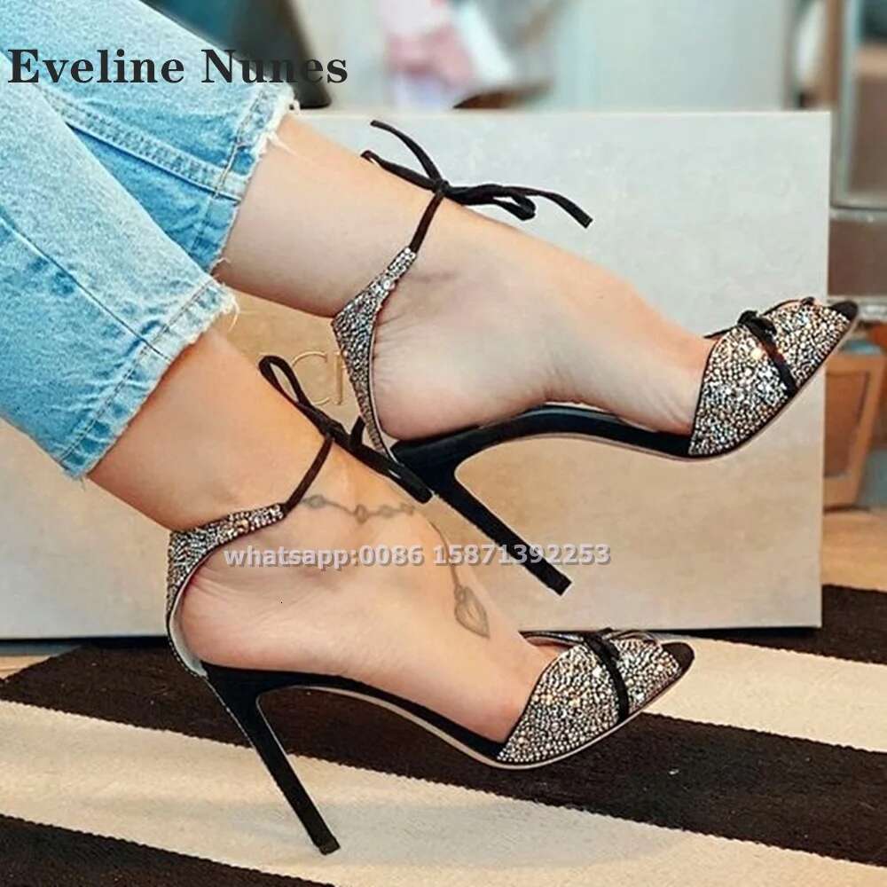 Bow Rhie Ankle Strap Sandals Peep Toe Stiletto Side Air Sexy Women Party Heels Shiny Dress Shoes 2024 Summer Trend