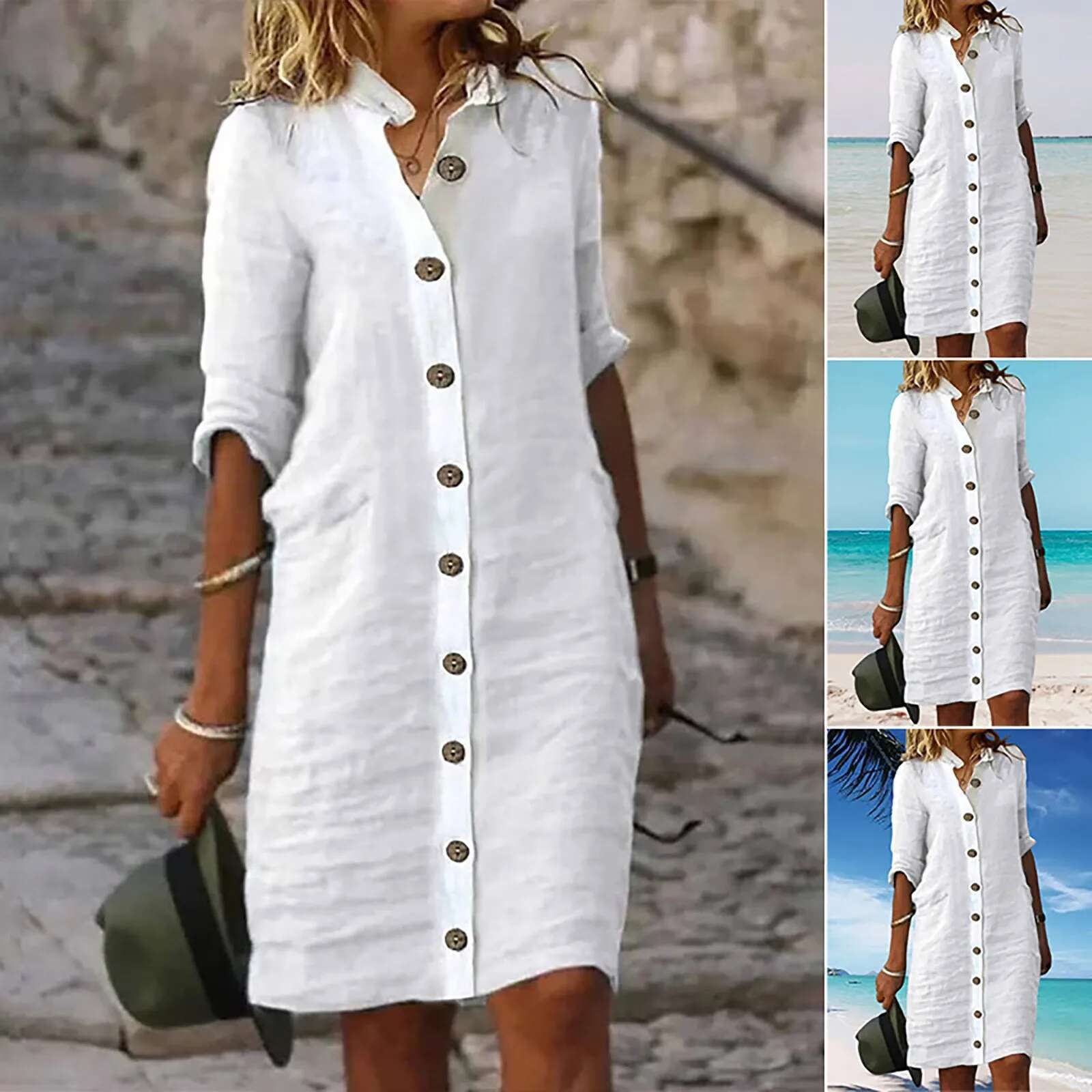 Dongdumaoyi Summer Cotton Linen Shirt Dress Women Button Half Sleeve Casual Mini Dresses Elegant Loose Beach Party Vestidos
