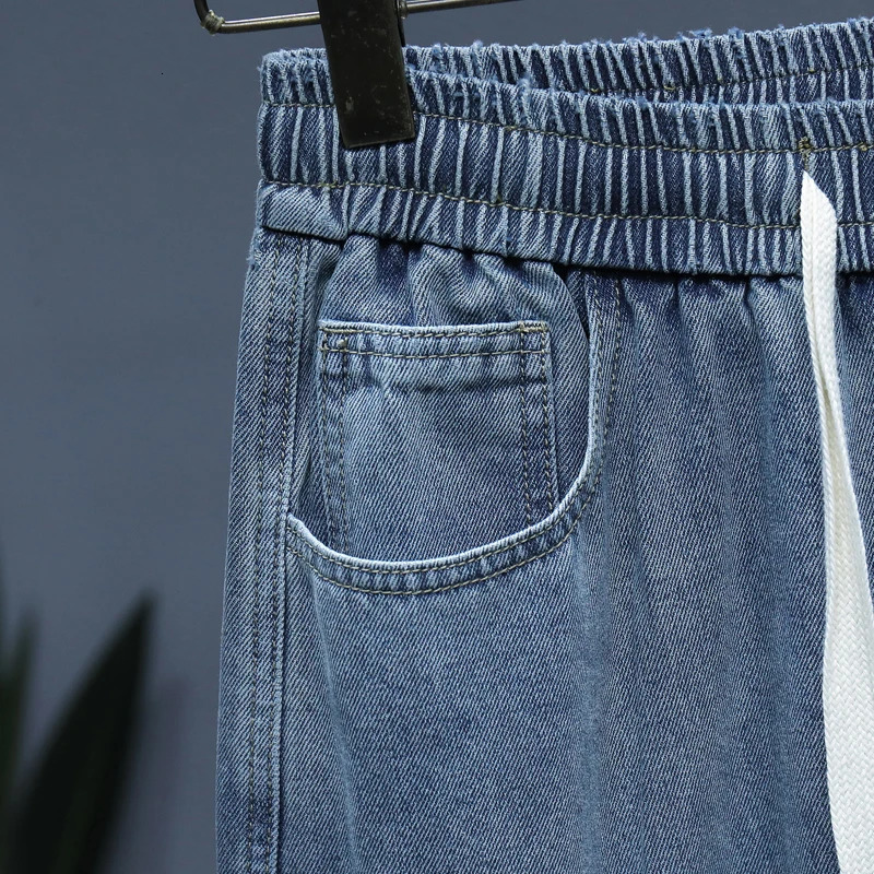M5XL summer denim shorts mens pure cotton straight elastic waist loose casual cargo clothing fashion 250409