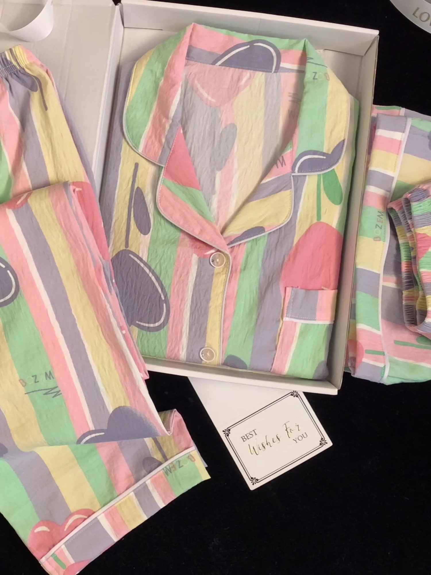 Womens three piece pajamas home wear striped printed dopamine colorful clouds cotton short sleeves girls 250409