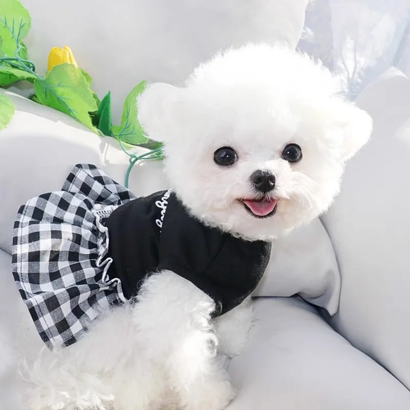 Soft Puppy Summer Outfit - White & Black Plaid Dress for Dogs like Chihuahuas and Bulldogs