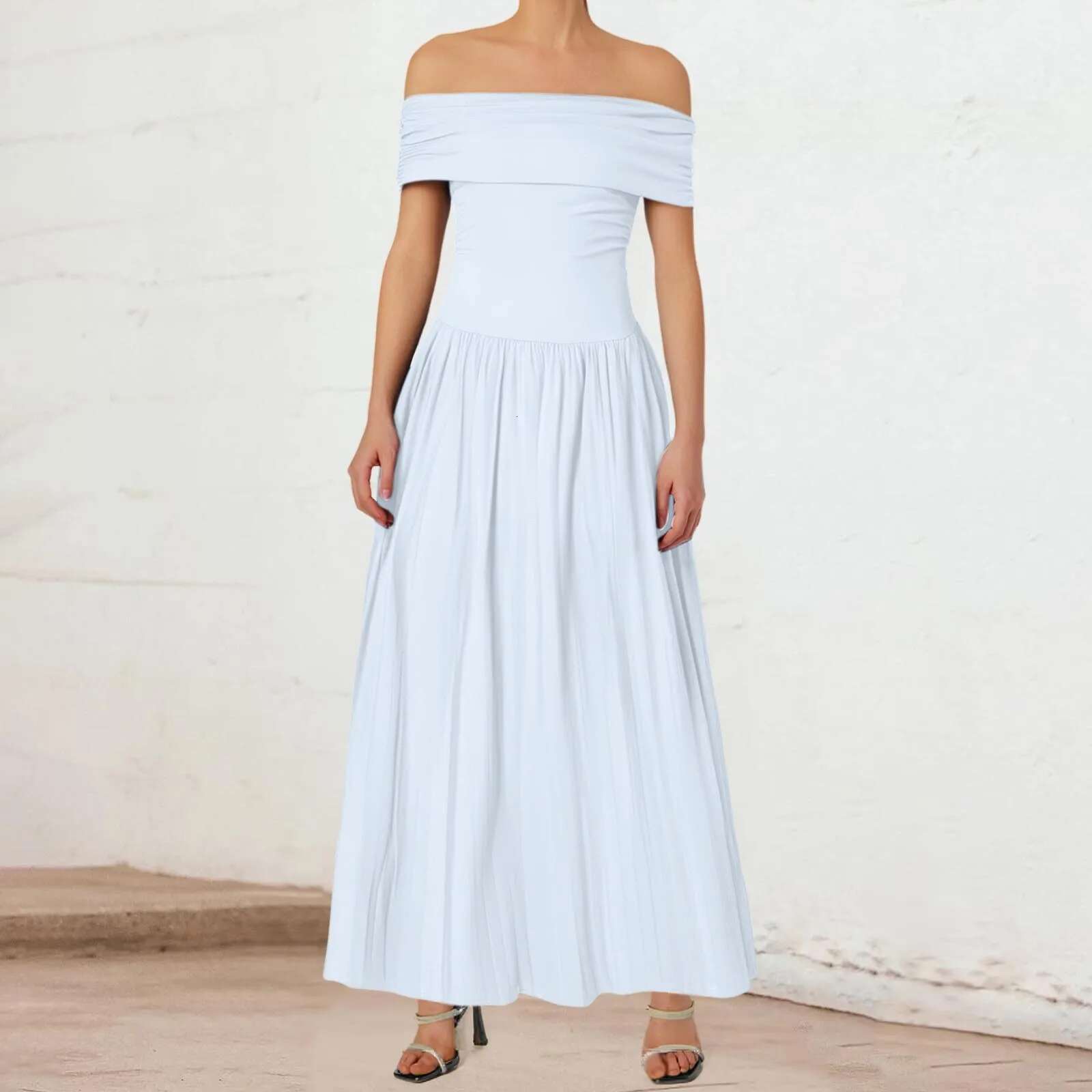 Dongdumaoyi Elegant Off Shoulder Long Dress Women Slash Neck Backless Pleated Maxi Fashion Slim Summer Vacation Holiday Dresses