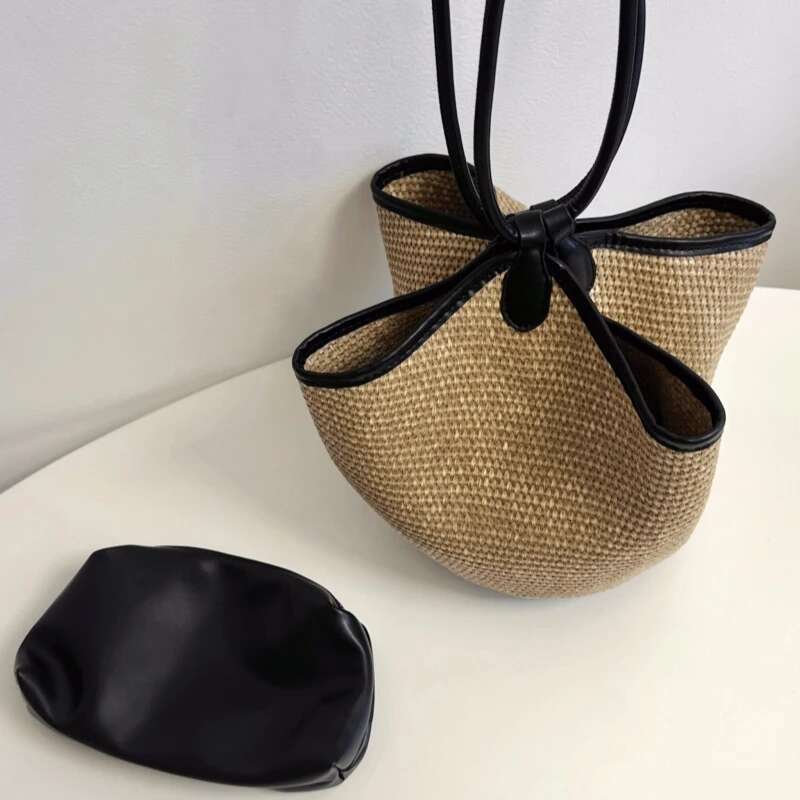 Vintage French Romantic Braided Bucket Design Women Summer Raffia Straw Large Capacity Handbag Seaside Beach Bag