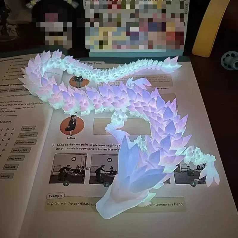 3D Printed Gemstone Dragon Shines in the Dark Rotating Carving Dragon Crystal Character Action Toy Desktop Decoration Birthday Gift X250409
