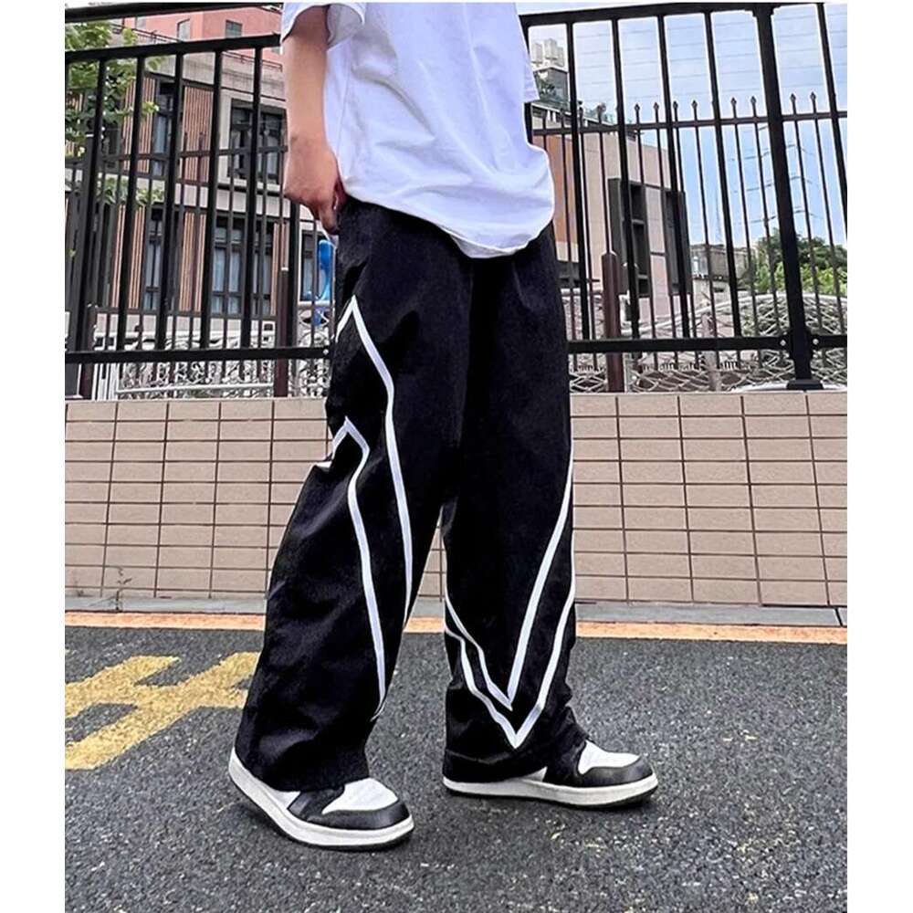 Contrast Spliced Pants Mens High Street Straight Wide Leg Elastic Waist Loose Trousers Men