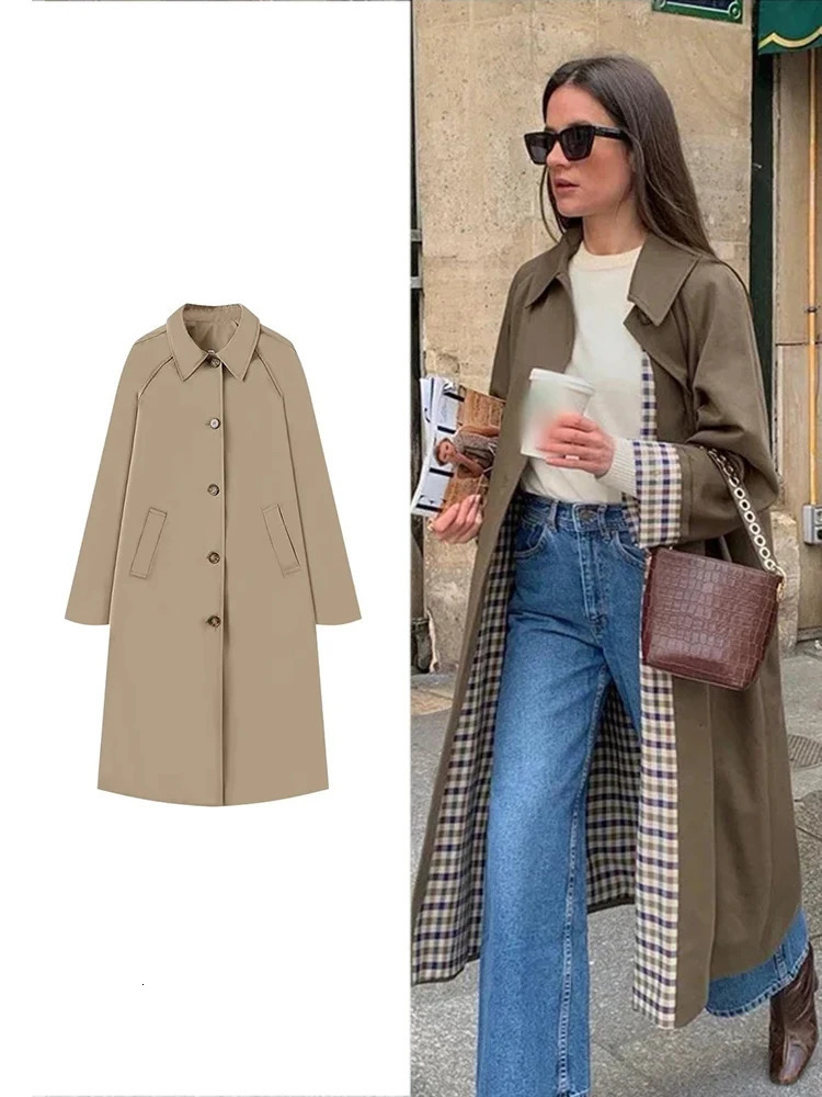 TRAF Womens Fashion Long Trench Coat Retro Loose Single Layer Autumn and Winter Collar High Street Temperature 250409