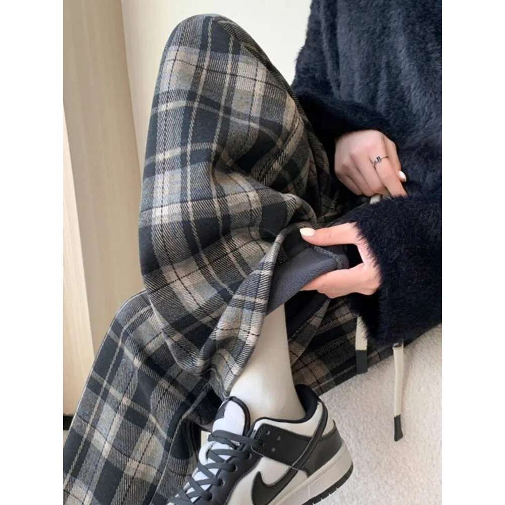 Fluffy Plaid Wide For Women, Autumn And Winter Retro High Waisted Lazy Casual Slim Straight Leg Pants