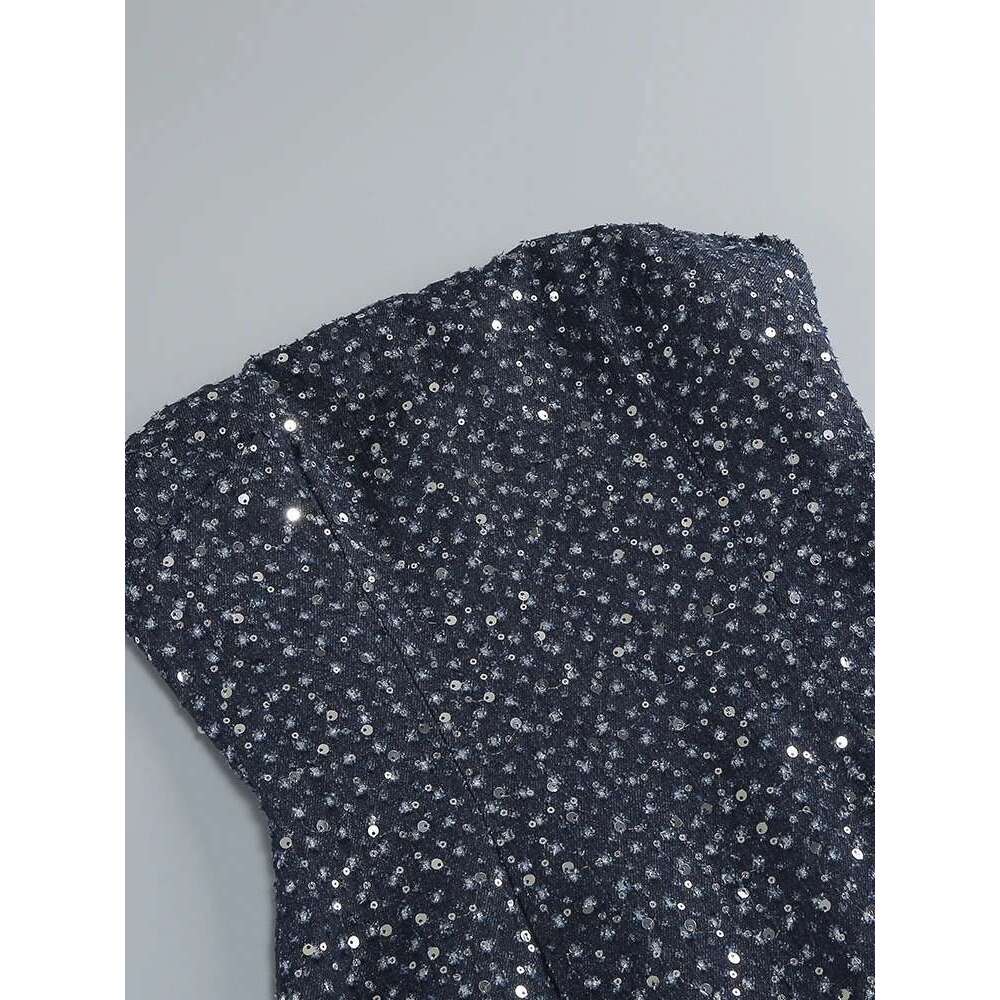 Sexy Strapless Denim Sequins Patchwork Mini Dress Women Blue Sleeveless High Waist Bodycon Dresses Nightclub Party Tail