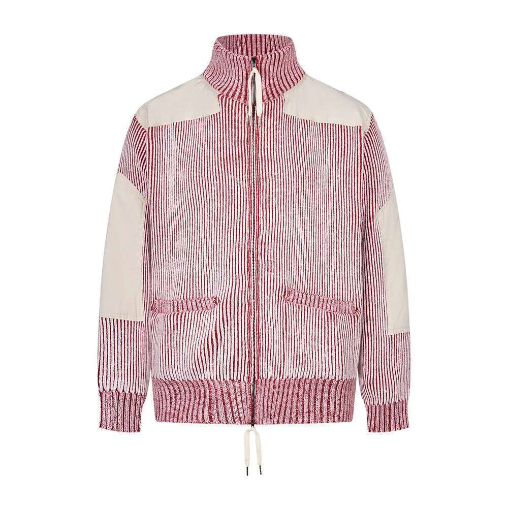 Patchwork Striped Knitted Cardigan Mens Spring High Street Pocket Stand Collar Long Sleeve Sweatercoat Men
