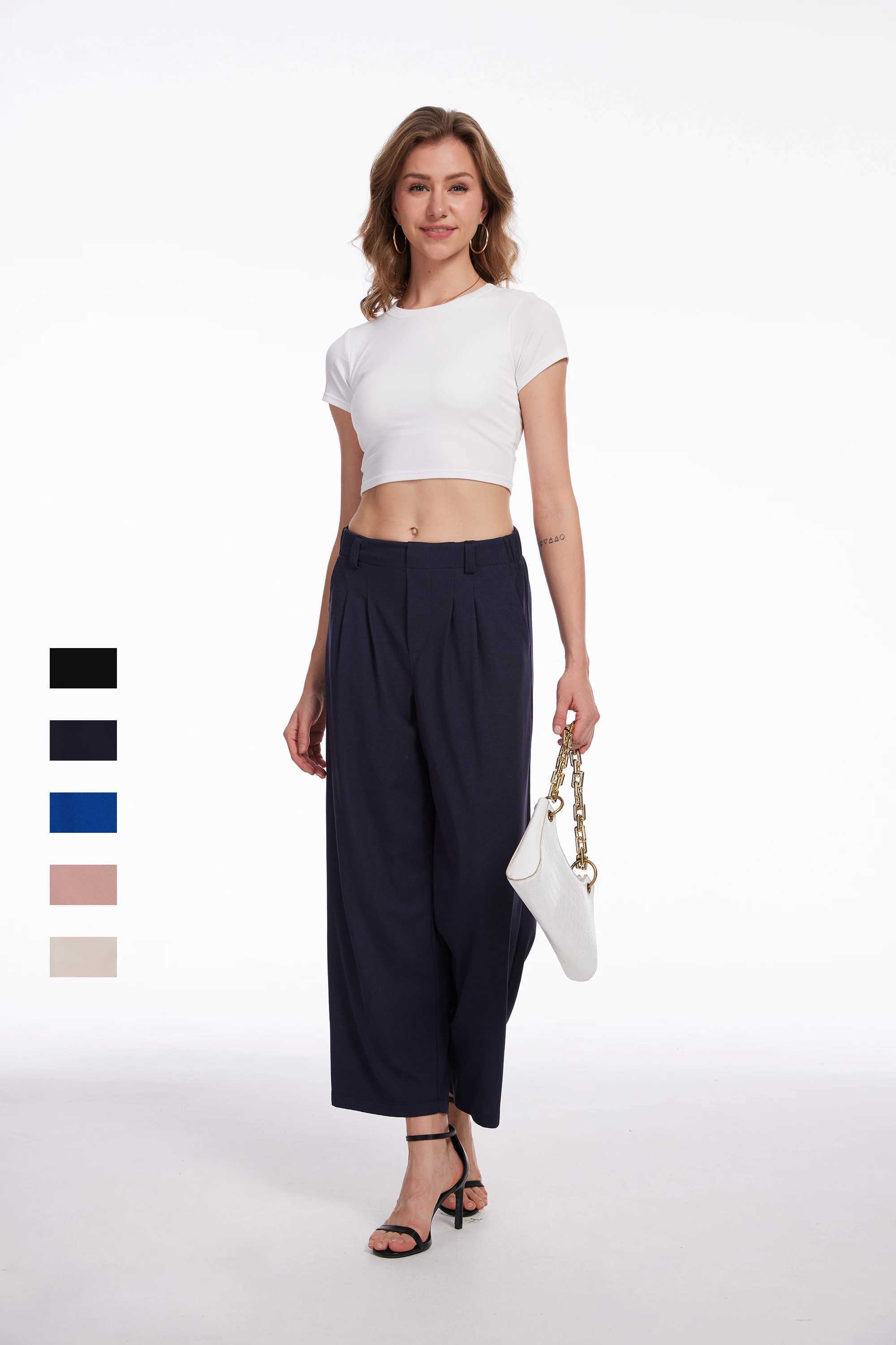 Womens casual business wide leg cut pants elastic waist pants office clothes womens solid slack pantsXJ250403
