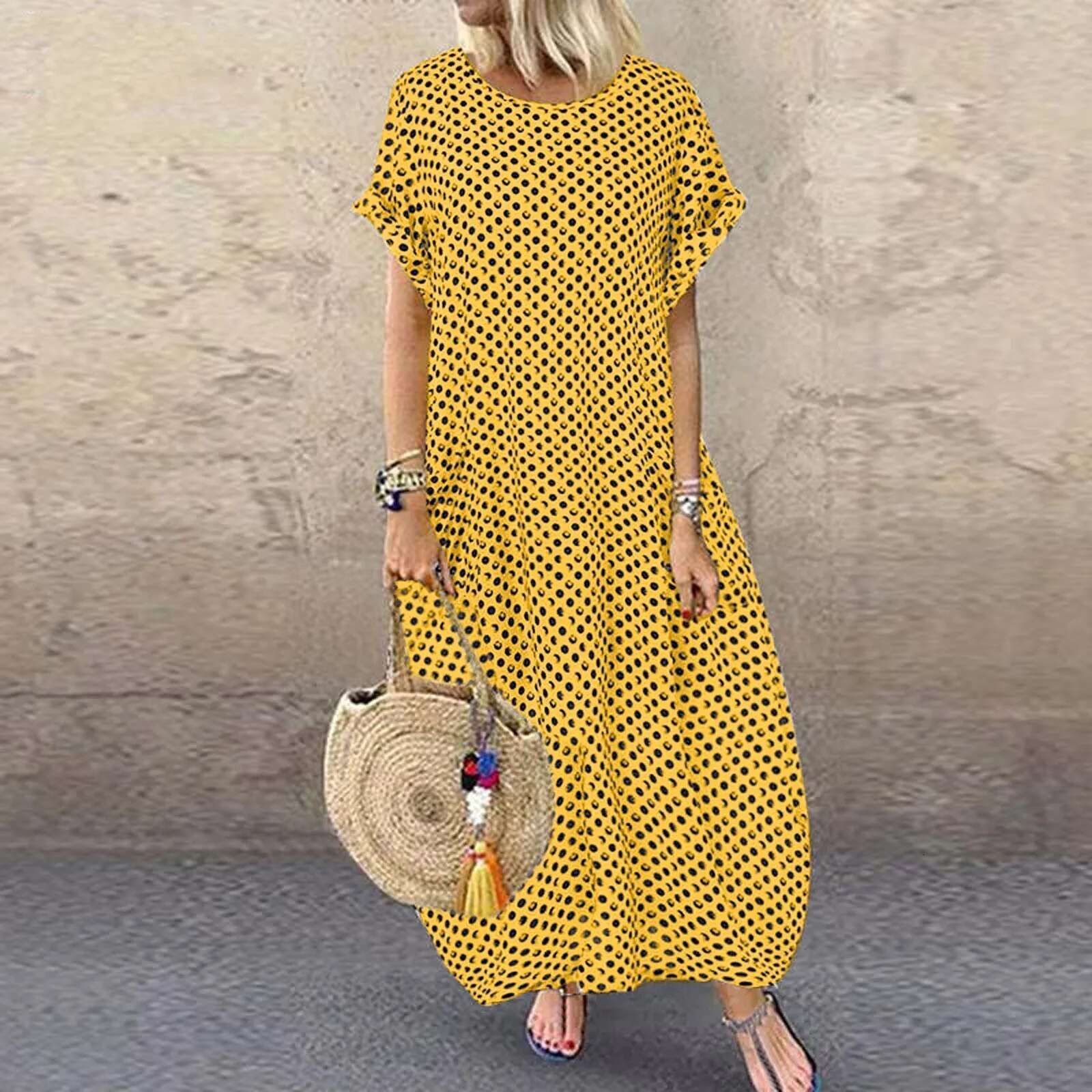 Dongdumaoyi Summer Maxi Dress Women S Vintage Dot Printed Loose Sundress Casual Short Sleeve Beach Party Boho Long Dresses Robe Vestidos