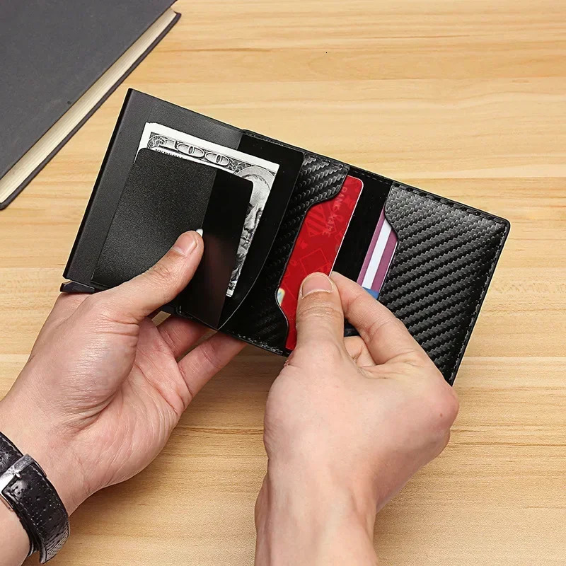 Fashion carbon fiber antitheft credit card packaging metal box mens wallet holder PU 250408