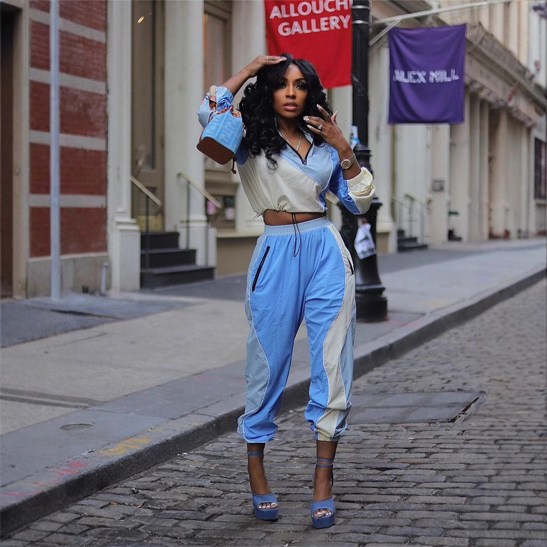 2025S Designer Women S Set New Fashionable Loose Casual Color Contrasting Sports Style Zipper Drawstring Design Top Pants Set For Women