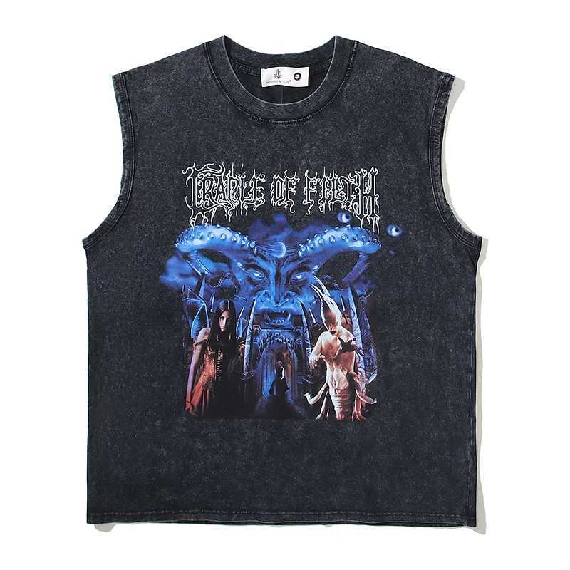 100% pure cotton cradle dirty evil emperor band old cut sleeves washed retro vest T-shirt mens vest topXJ250409