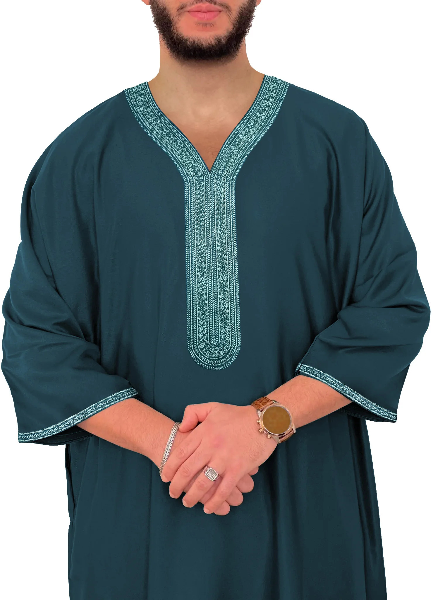 Moroccan mens ed green robe Muslim side pockets Islamic clothing short sleeved Ramadan 250409