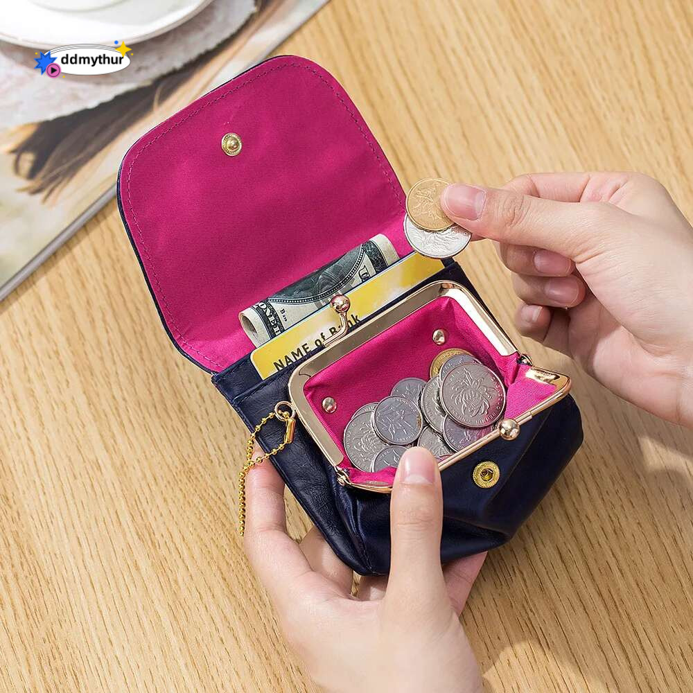 Genuine Leather Coin Women Cowhide Change Purse Metal Hasp Closure Card Holder Wallet Vintage Kiss Buckle Small Clutch Bag ddmythur