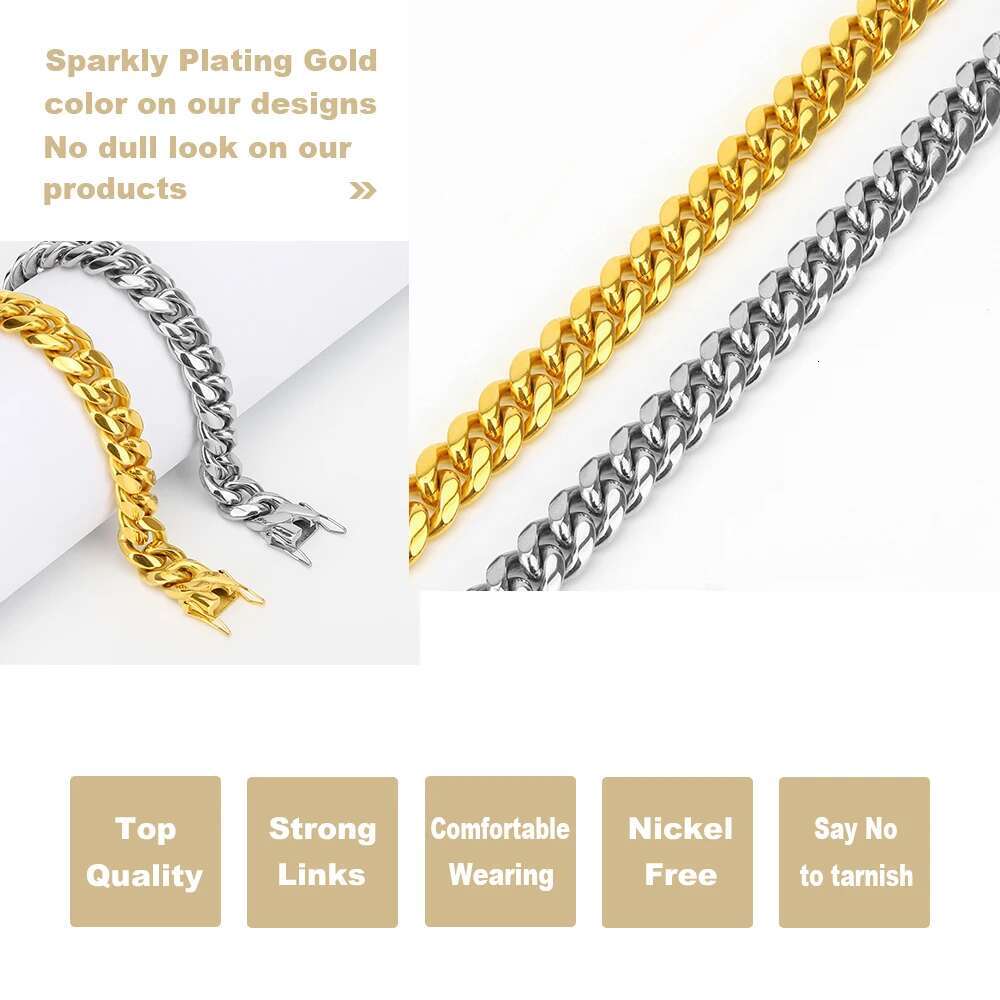 Gold Plated Stainless Steel Cuban Link Chain Bracelet with Secure Box Buckle 14mm