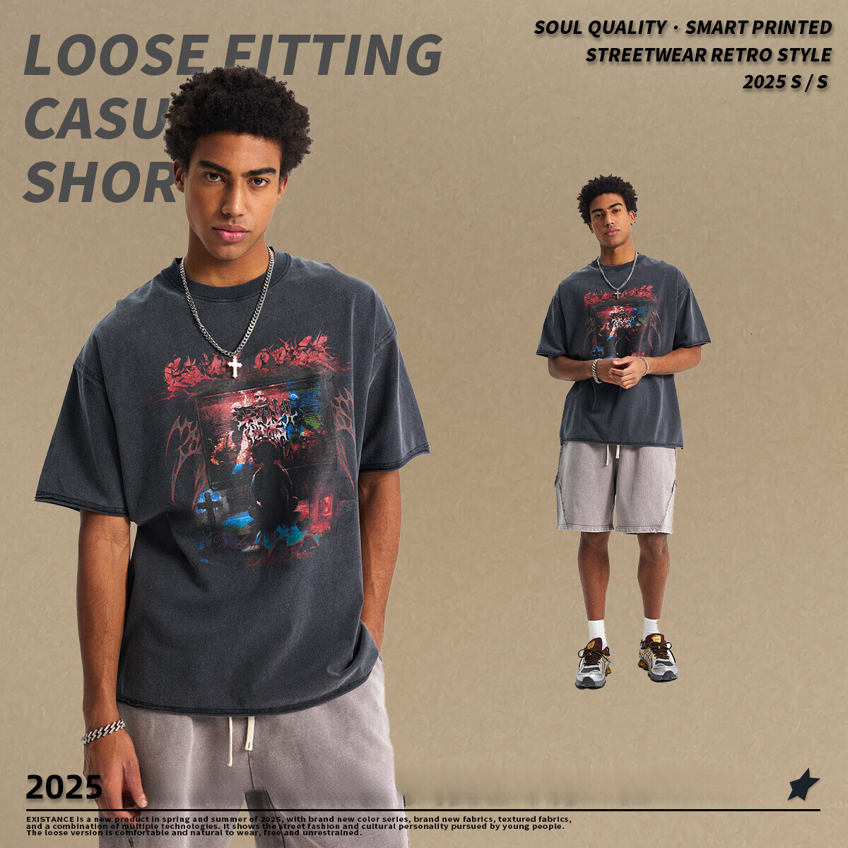 2025 Summer Trendy Brand Wax Printing Used Curled Edge Short sleeved for Men, 275g Water Washed Loose Digital Printed T-shirt