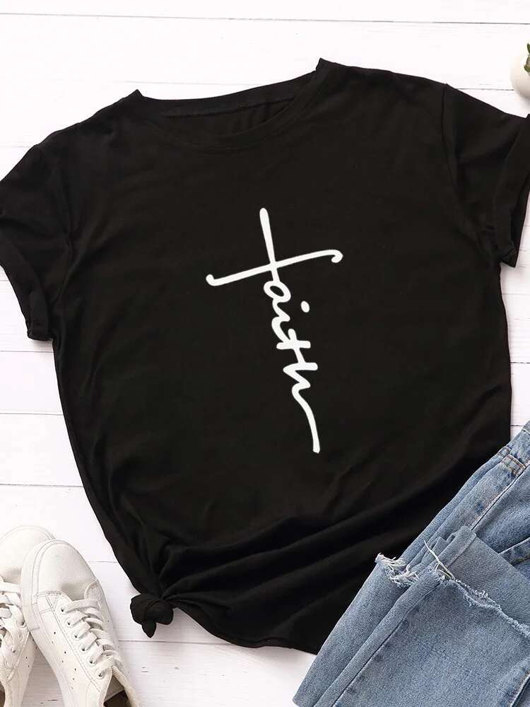 Faith Letter Print T Short Sleeve O Neck Loose Women Tshirt Ladies Tee Shirt Tops Clothes Camisetas Mujer