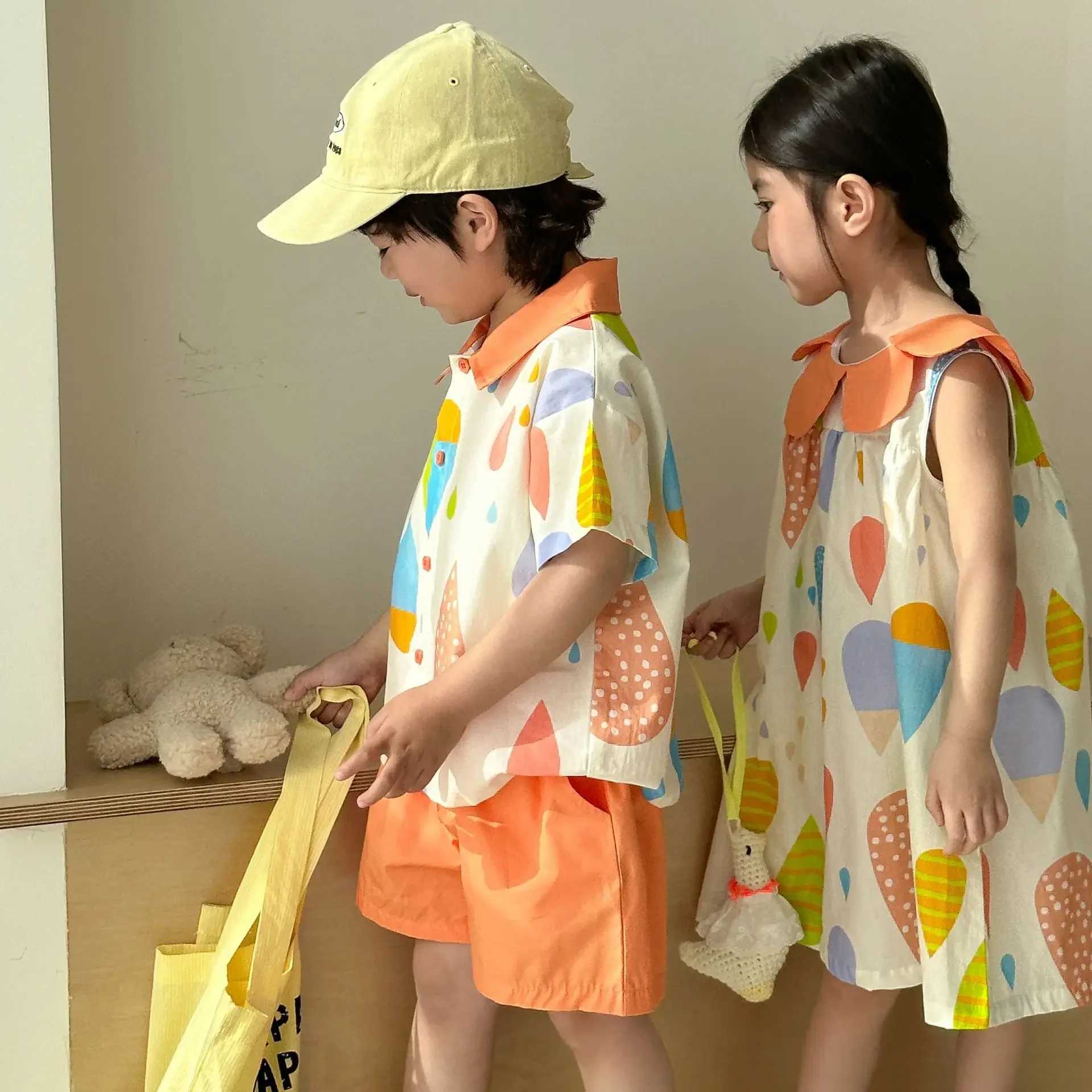 Childrens Set Brother sisters Clothing 2025 Hot Summer Color Boys Set or Girls Dress 1-10 Childrens Holiday Clothing S2548