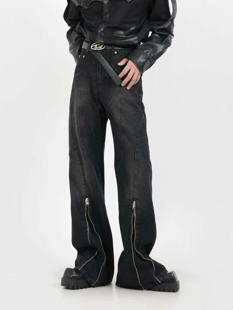 Ropa Y2K Fashion Washing Black Bag Stacking Flare Jeans Mens Clothing Zipper Long Trousers Pantalones Hombre 250408